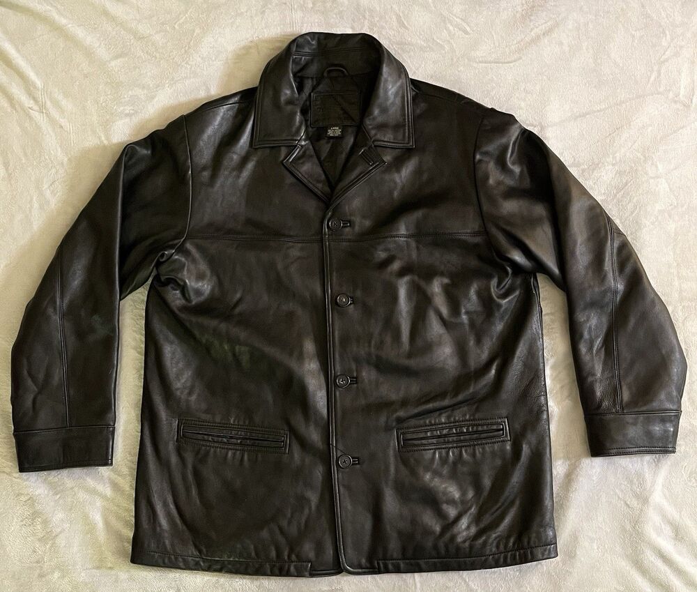 Knightsbridge Men's L Black Leather Jacket Button Front Lined Pockets Mid-Length - Picture 1 of 10